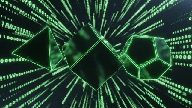 Geometric shapes exploding with green neon light rays on a dark background, viewed from a futuristic perspective