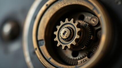 turned. Close-up of a vintage brass lock interior with a small gear being turned. real-estate listings, architecture portfolios, designed for interior renovation comparisons for interiors.