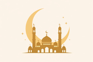 Elegant golden silhouette of a mosque with twin minarets and a prominent crescent moon and stars, embodying Islamic spirituality, cultural heritage, and festive celebrations