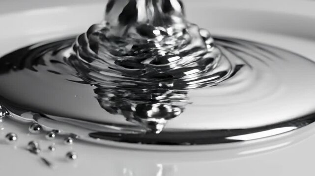 Viscous liquid mercury pooling and spreading on a white surface with small beads of metal nearby.