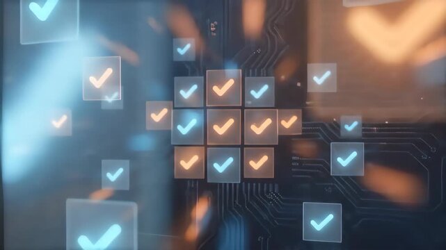 Multiple glowing checkmarks animate across a digital interface. The motion illustrates approval flow, validation steps, trust signals, and automated verification systems.