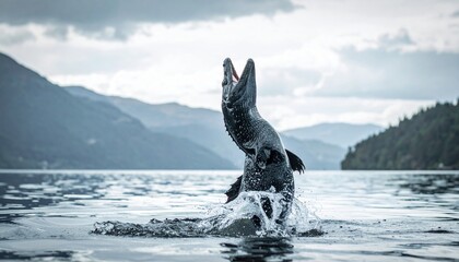 Majestic creature emerging from the water in a serene lake setting.