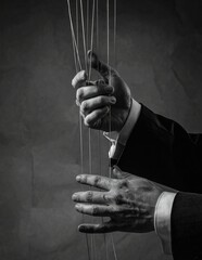 Manipulators Hands Controlling Strings in a Dramatic Black and White Scene.