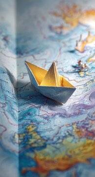 Paper boat sailing on a world map