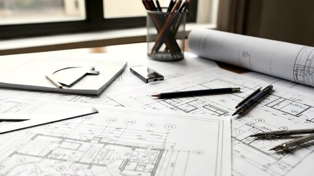 Architectural blueprints and drafting tools on a desk near a window.