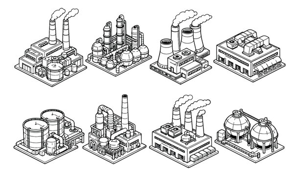 Hand drawn isometric line art industrial facility set featuring factories, power plants, refineries, and storage tanks for industrial production and manufacturing concepts