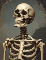 Anatomical human skeleton displayed in neutral lighting against a textured backdrop