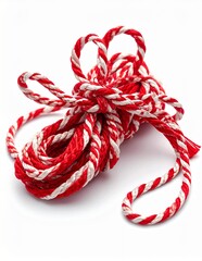 Red and white striped bakers twine, tangled and coiled, on a clean white background, ready for crafting or gift wrapping.