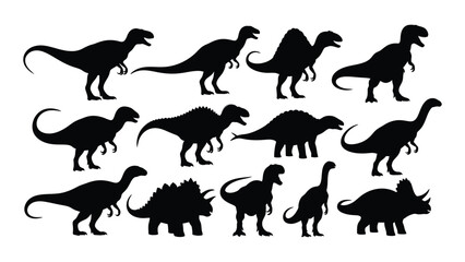A diverse collection of dinosaur silhouettes showcasing various species Vector © Bipul