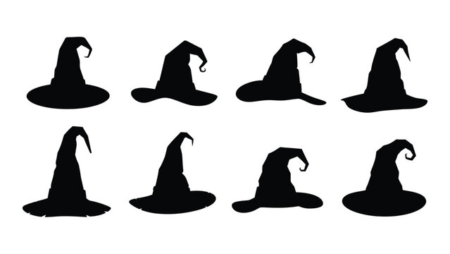 Eight distinct witch hats displayed in a grid pattern against a white background Vector