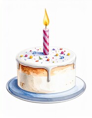 Watercolor Birthday Cake with Lit Candle and Sprinkles.