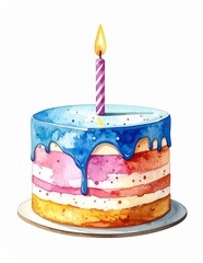 Watercolor Birthday Cake with Candle.