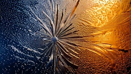 Microscopic detail of ice crystals radiating outwards from a central point, divided by cool and warm hues