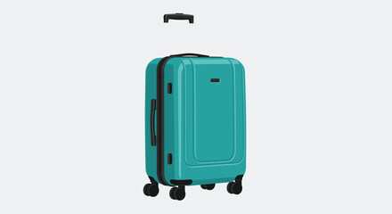 Upright Turquoise Hardshell Suitcase with Black Trim and Wheels Isolated on a Plain White Background Representing Preparation for Travel and Holidays