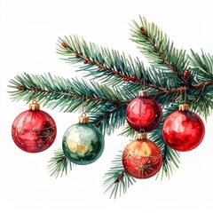Watercolor Christmas Tree Branch with Red and Green Ornaments on White Background.