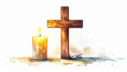 Watercolor painting of a wooden cross and a lit candle, symbolizing faith and remembrance.