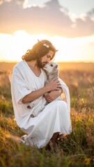 Woman in white dress embracing a lamb in a golden field at sunset.