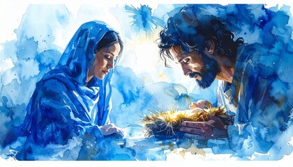 Watercolor painting of Mary and Joseph adoring baby Jesus in a manger.