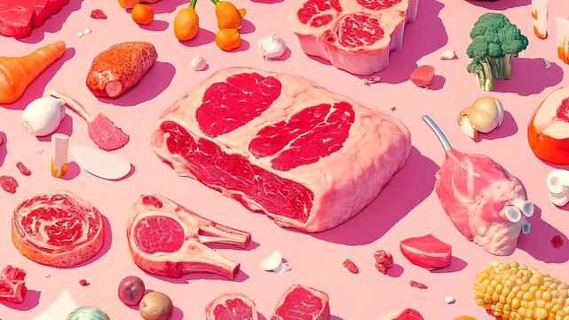 Assortment of Raw Meats and Vegetables on a Pink Background.