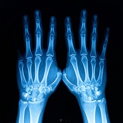 X-ray image of human hands showing bones and joints in blue light on a dark background.