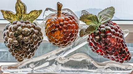 Glass Fruit Decor Featuring Berries and Apple on Ice Sculpture Display
