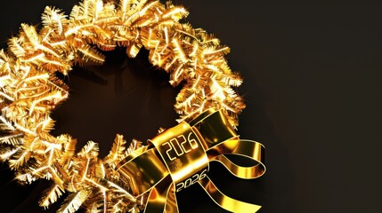 Golden Christmas Wreath with Elegant Ribbon and New Year 2026 Decorations