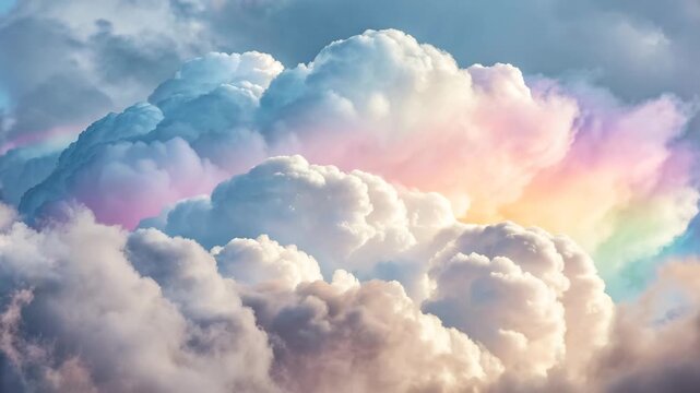 Dreamlike iridescent cloud pastel rainbow light illuminating fluffy cumulus sky with soft voluminous cloudscape bathed in gentle sunlight
