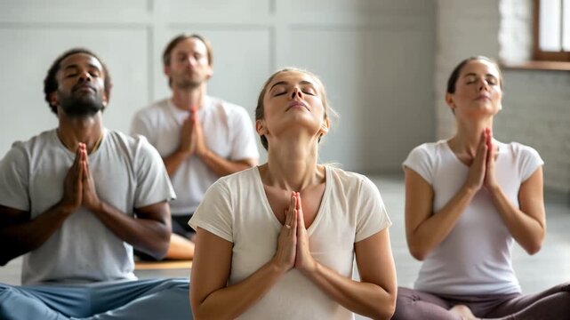 Group meditation class in bright studio mindfulness yoga breathing exercise for adults seated cross legged calm focus