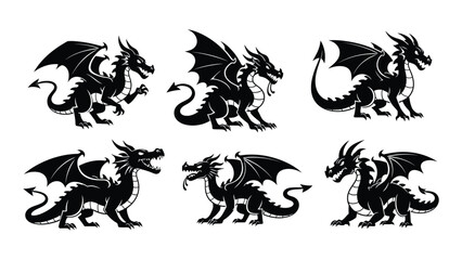Eight distinct black and white illustrations of dragons in various poses Vector