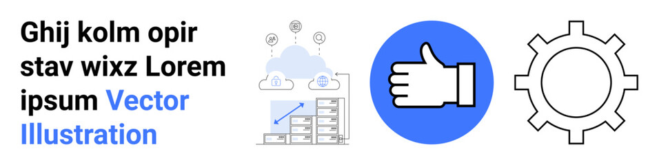 Obraz premium Cloud computing, workflow solutions, data management, user feedback systems, business tools, technology concepts. Cloud icons with graphs and thumbs-up insignia. Cloud computing and workflow