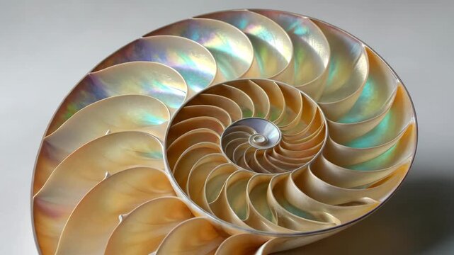 Iridescent spiral shell nautilus interior with pearly chambers and pearlescent spiral, organic symmetry, natural geometry and soft golden