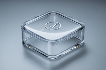 Transparent glass storage box with checkmark icon, representing verified status and completed processes
