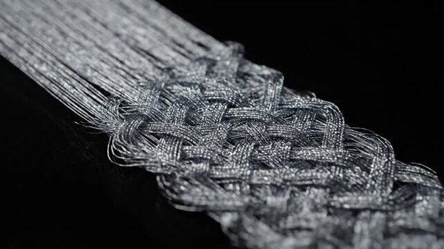 Close-up of metallic threads being woven into a complex pattern on a black background