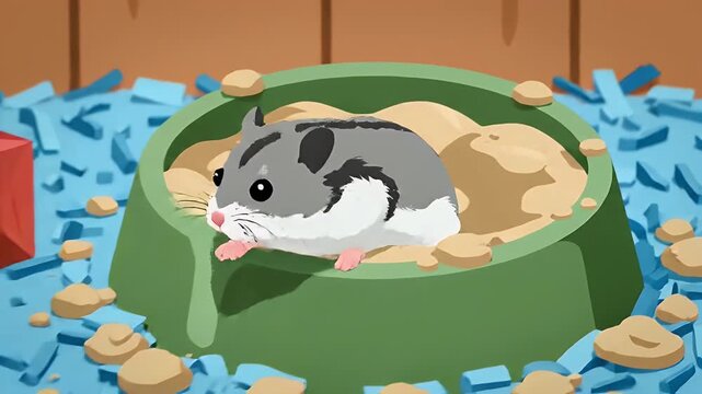 Cute dwarf hamster in a colorful cage with toys