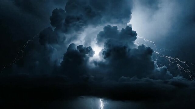 A dramatic and powerful thunderstorm with multiple lightning strikes illuminating dark, heavy clouds over water.