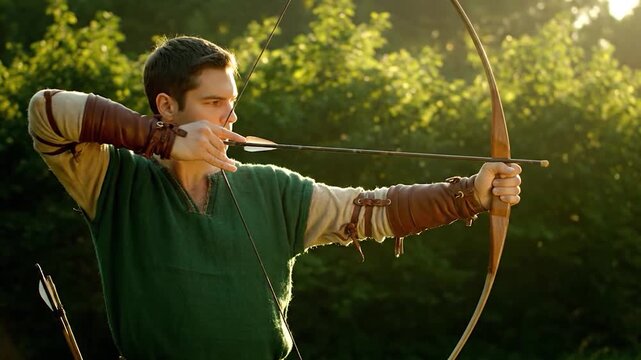 Man in Medieval Archer Costume Aiming Bow and Arrow in Forest.
