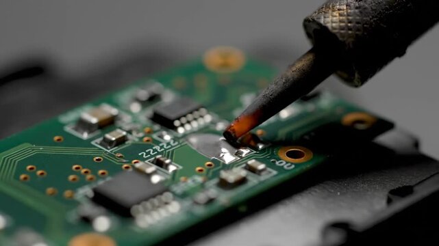 Close-up of a soldering iron melting solder on a green circuit board
