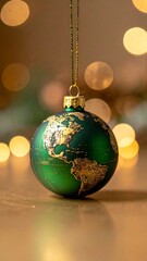 Obraz premium Green Earth Globe Christmas Ornament with Golden Continents and Bokeh Lights.