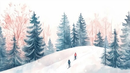 Fototapeta premium Two people skiing on a snowy hill
