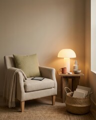 Cozy reading nook with armchair and warm lamp light at home