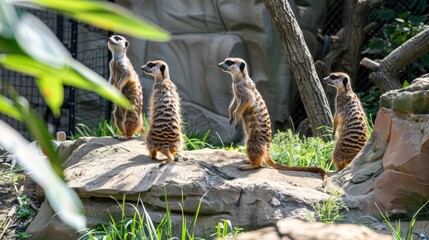 Group of Meerkats Standing on Rock in Natural Habitat