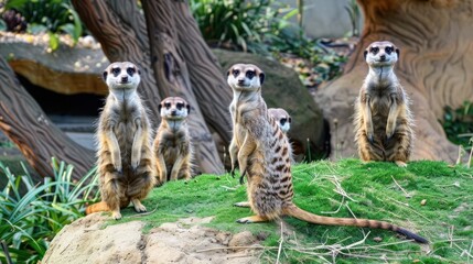 Group of Meerkats Standing on Green Grass in Natural Habitat