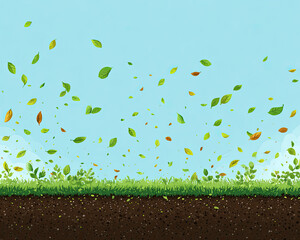 Falling leaves over green grass and soil