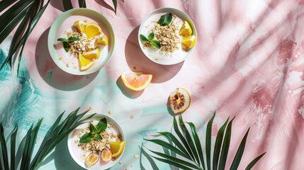 Healthy Fruit and Oatmeal Bowls with Lemon and Mint on Colorful Fabric