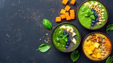 Healthy Green Smoothie Bowls with Fresh Fruit and Nuts on Dark Surface