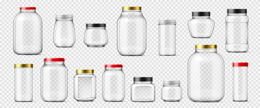 Realistic glass canning and mason jars, empty storage glassware vector 3d mockup. Jam, pickles and sauce canning containers with color metal screw lids. Homemade food preservation glass jars set