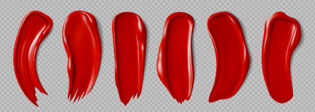 Realistic red lipstick cosmetic swatches, vector makeup and beauty products. 3d lipstick and lip gloss brush strokes with cream texture. Matte red lips makeup swatches set on transparent background