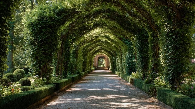 privet. Arching privet hedges forming a green tunnel entrance to a historic estate. gardening catalogs, home-decor guides, designed for home decor and floral branding, promotes healthy living.