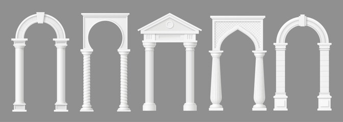 Naklejka premium Realistic marble stone arch with columns, door archway with pillars. Monumental 3d vector building architecture. Classical antique temple gates or portal frames of historic facade, entrance or doorway