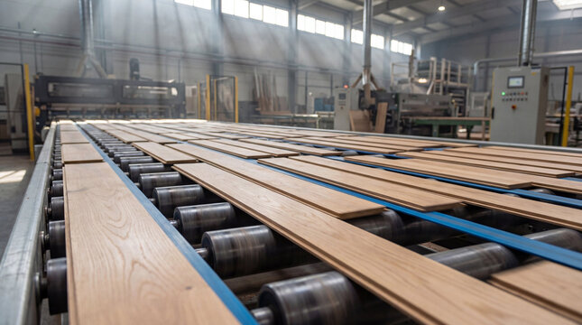 Hardwood flooring planks moving along a conveyor belt in a modern wood processing factory. Industrial manufacturing of wooden floorboards